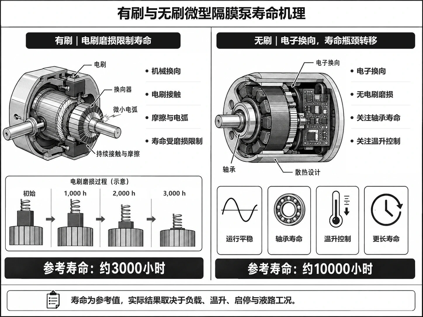 有刷电机约3000小时与无刷电机约10000小时的寿命机理对比图