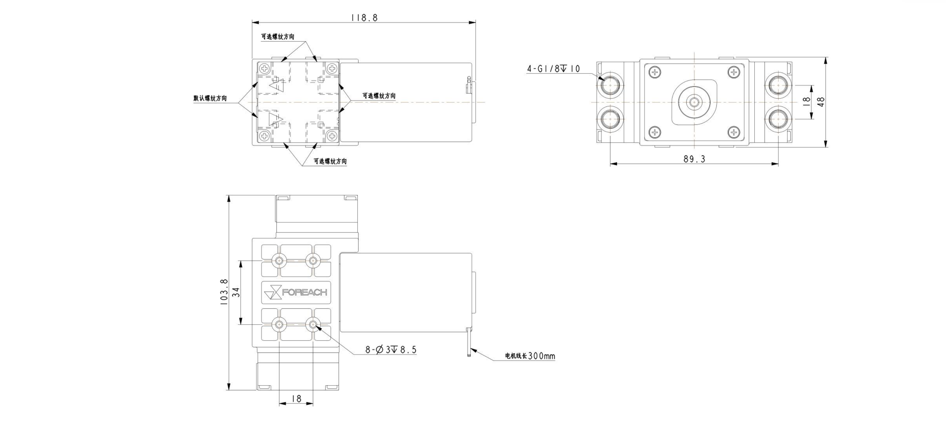 DPGL800气液混合隔膜泵G1/8内螺纹接口、安装孔位与整体尺寸图